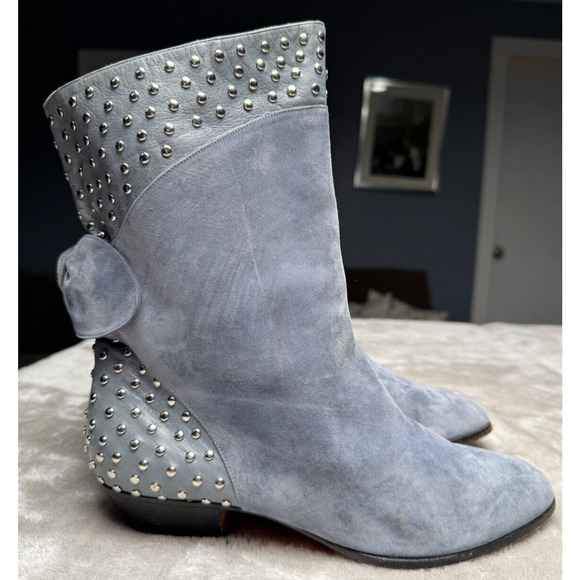 AlbaTrese Vintage Blue Suede Leather Studded Slouch Boots 80s Womens EU 39 US 8 - Picture 1 of 11